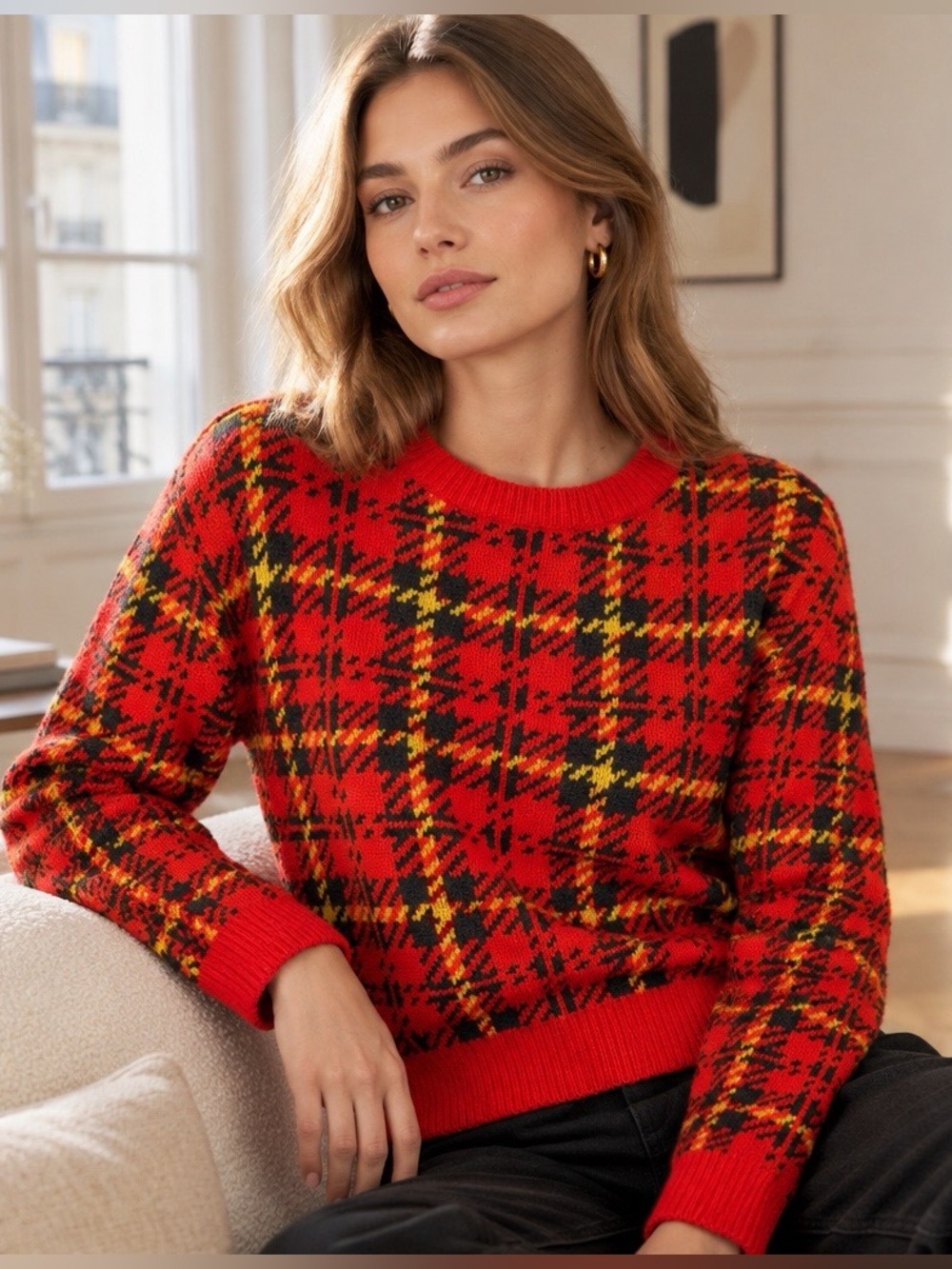 Urban Outfitters Red Black Yellow Plaid Tartan Knit Sweater Women's S